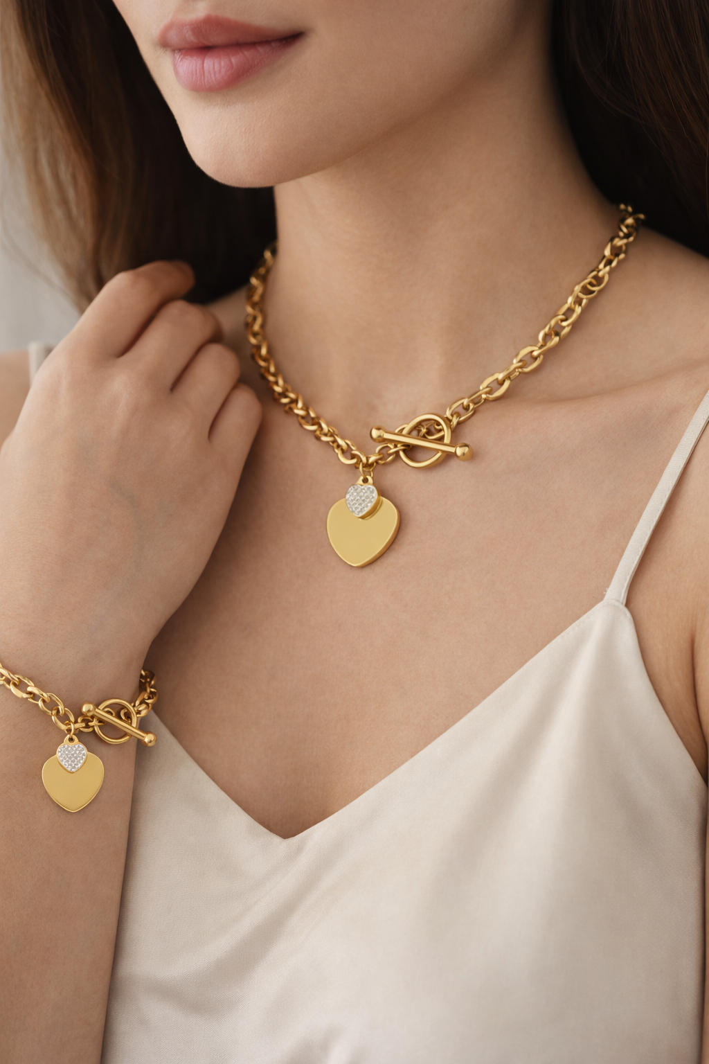 Ensemble Bijoux Doré Double Cœur