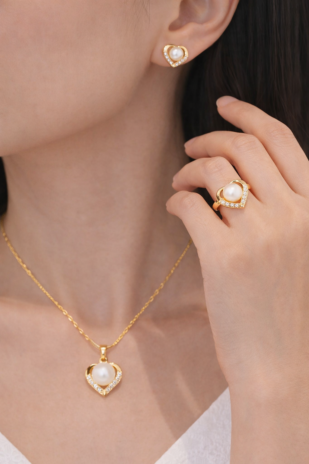 Ensemble de Bijoux Cœur Perlé Doré